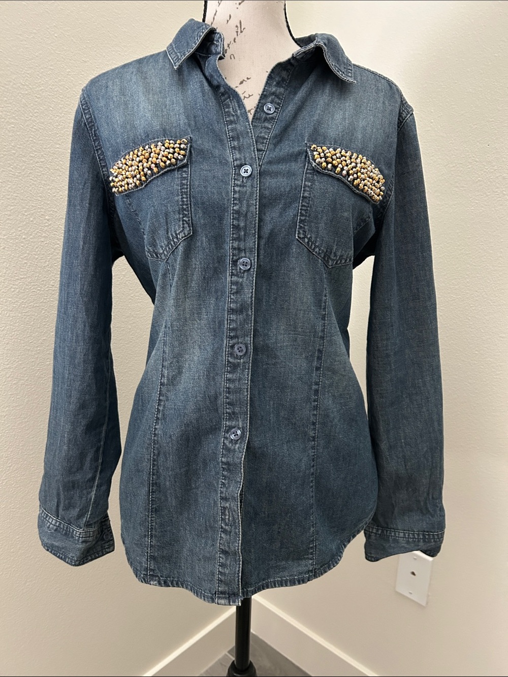 Chico’s Embellished Dark Denim Button-Down Shirt
